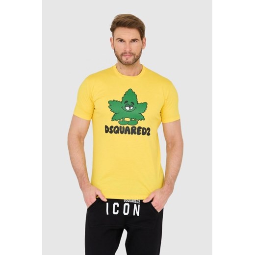 DSQUARED2 Żółty t-shirt z logo i zielonym liściem, Wybierz rozmiar S ze sklepu outfit.pl w kategorii T-shirty męskie - zdjęcie 165013926