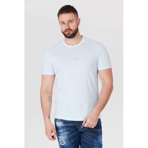 GUESS Błękitny t-shirt męski z aplikacją z logo, Wybierz rozmiar M ze sklepu outfit.pl w kategorii T-shirty męskie - zdjęcie 165014039