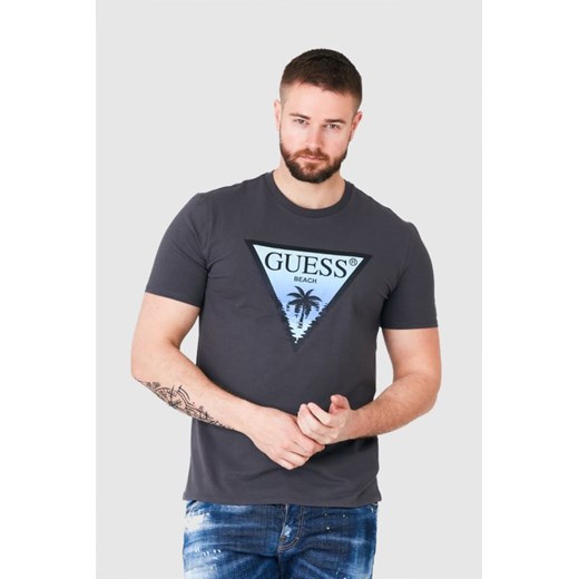 GUESS Grafitowy t-shirt męski z logo z palmą, Wybierz rozmiar M ze sklepu outfit.pl w kategorii T-shirty męskie - zdjęcie 165014076
