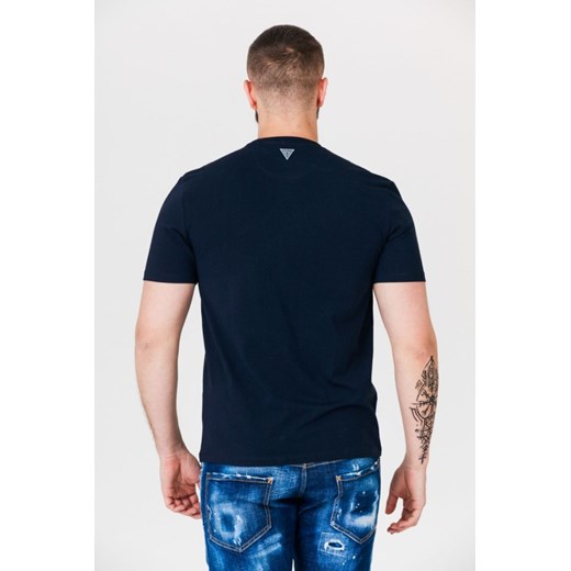 T-shirt męski Guess młodzieżowy z napisami granatowy z krótkimi rękawami
