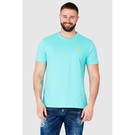 GUESS Turkusowy t-shirt męski z żółtym logo, Wybierz rozmiar S ze sklepu outfit.pl w kategorii T-shirty męskie - zdjęcie 165014157