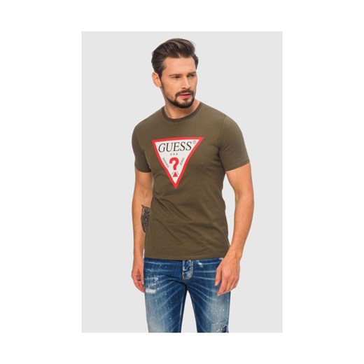 GUESS Zielony t-shirt męski z dużym trójkątnym logo, Wybierz rozmiar M ze sklepu outfit.pl w kategorii T-shirty męskie - zdjęcie 165014165