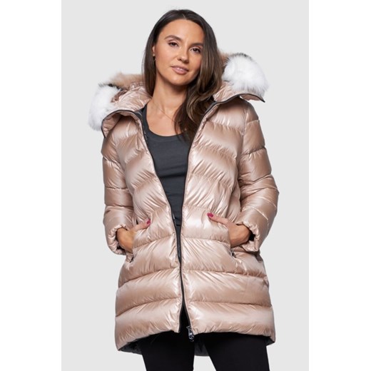 HETREGO Beżowa długa kurtka puchowa Hygiea z lisem, Rozmiar 36 EU - 40 IT ze sklepu outfit.pl w kategorii Kurtki damskie - zdjęcie 165015356