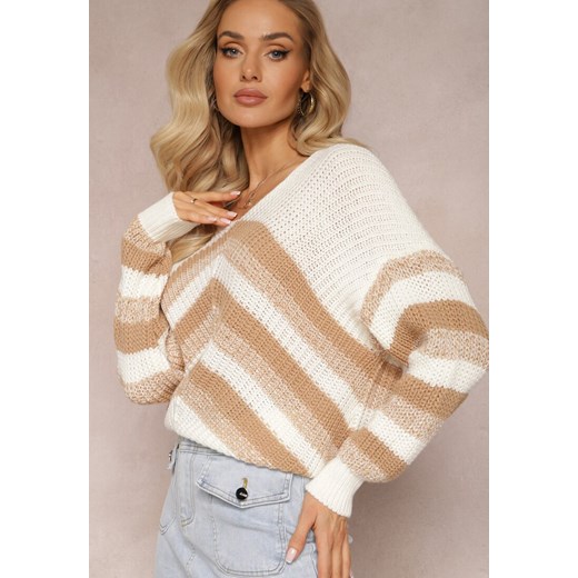 Jasnobeżowy Dzianinowy Sweter w Paski Hlenora ze sklepu Renee odzież w kategorii Swetry damskie - zdjęcie 165017687