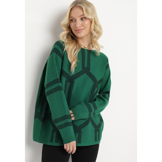 Ciemnozielony Sweter z Geometrycznym Wzorem i Ściągaczami Buvania ze sklepu Born2be Odzież w kategorii Swetry damskie - zdjęcie 165034245