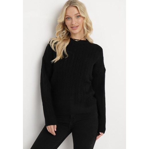 Czarny Sweter z Kaszmirem w Warkoczykowy Splot Gotora ze sklepu Born2be Odzież w kategorii Swetry damskie - zdjęcie 165045406