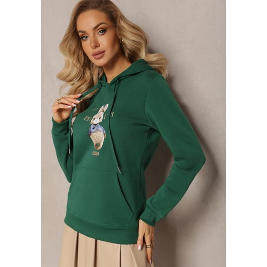 Zielona Ocieplana Bluza z Ozdobnym Nadrukiem i Kapturem Hitee ze sklepu Renee odzież w kategorii Bluzy damskie - zdjęcie 165047729