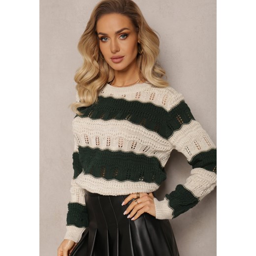 Beżowo-Zielony Sweter Ozdobiony Ażurowymi Wycięciami i Połyskującą Nitką Casiena ze sklepu Renee odzież w kategorii Swetry damskie - zdjęcie 165047929