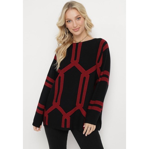 Czarny Sweter z Geometrycznym Wzorem i Ściągaczami Buvania ze sklepu Born2be Odzież w kategorii Swetry damskie - zdjęcie 165048226