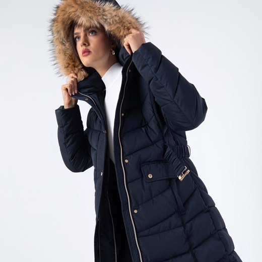 Damski płaszcz pikowany z paskiem granatowy ze sklepu WITTCHEN w kategorii Płaszcze damskie - zdjęcie 165083808