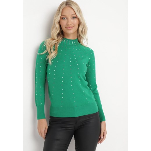Zielony Sweter z Golfem Ozdobiony Kompozycją z Cyrkonii Ruittes ze sklepu Born2be Odzież w kategorii Swetry damskie - zdjęcie 165093569