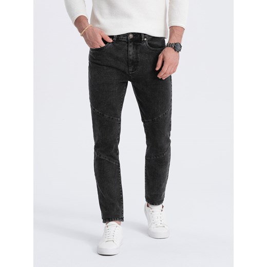 Spodnie męskie jeansowe slim fit z przeszyciem na kolanach - czarne V2 OM-PADP-0109 ze sklepu ombre w kategorii Jeansy męskie - zdjęcie 165099628