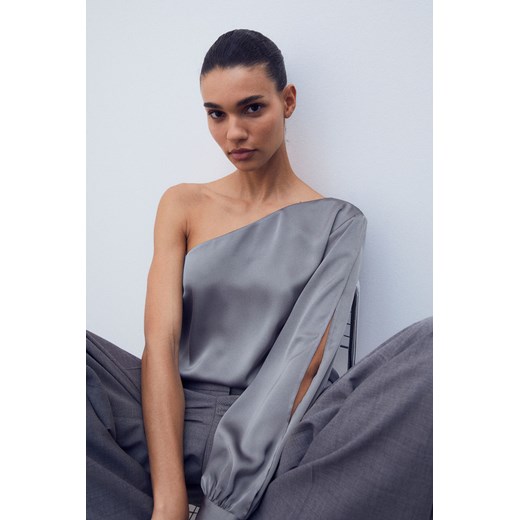 H & M - Satynowa bluzka na jedno ramię - Szary H & M XXL H&M