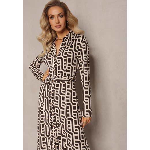 Brązowa Koszulowa Sukienka Maxi w Geometryczny Print Gelismi Renee L wyprzedaż Renee odzież