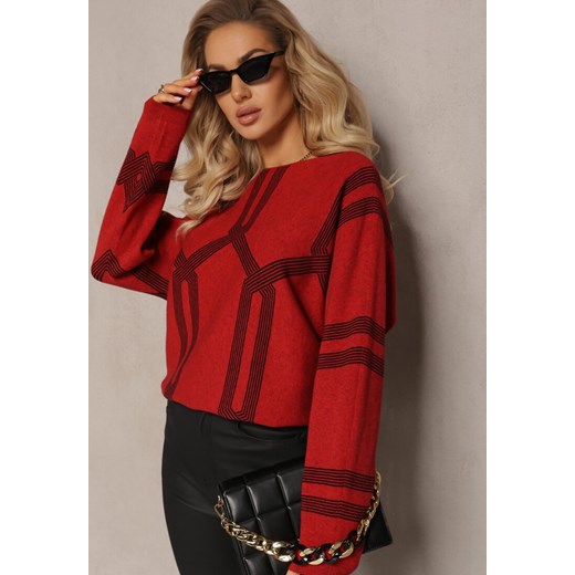 Czerwony Sweter z Okrągłym Dekoltem i Wzorem w Paski Busso ze sklepu Renee odzież w kategorii Swetry damskie - zdjęcie 165152688