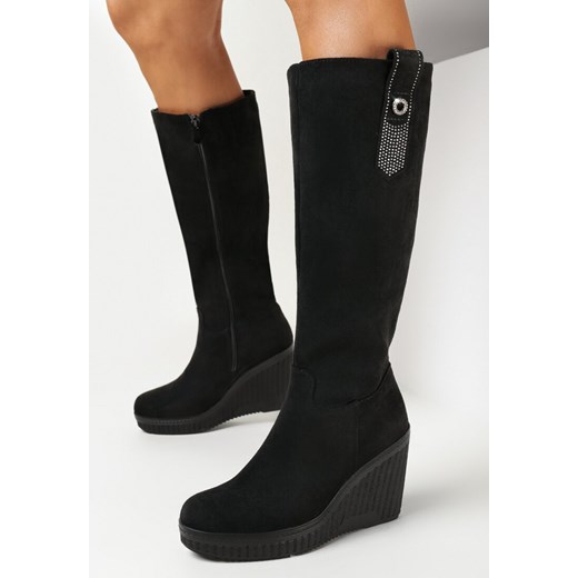 Czarne Kozaki na Koturnie z Paskiem w Cyrkonie Umbra ze sklepu born2be.pl w kategorii Kozaki damskie - zdjęcie 165162077