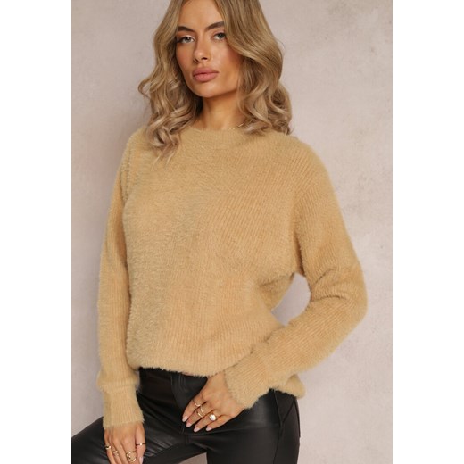 Jasnobrązowy Puchaty Sweter Oversize z Długim Rękawem Massana ze sklepu Renee odzież w kategorii Swetry damskie - zdjęcie 165194618