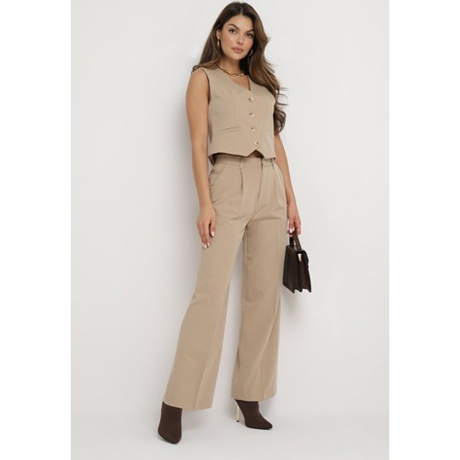 Beżowe Szerokie Spodnie z Przeszyciami Elyssia ze sklepu Born2be Odzież w kategorii Spodnie damskie - zdjęcie 165198088