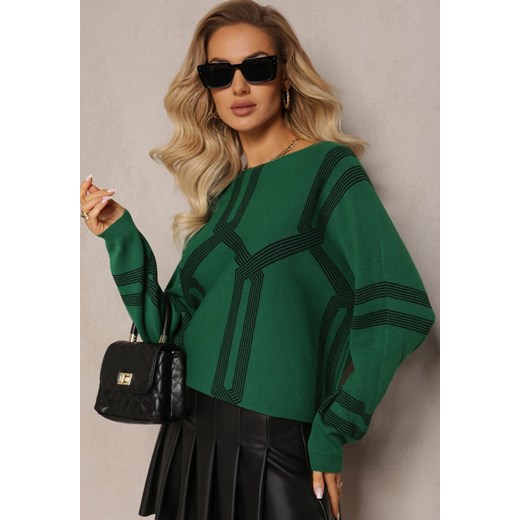 Ciemnozielony Sweter z Okrągłym Dekoltem i Wzorem w Paski Busso ze sklepu Renee odzież w kategorii Swetry damskie - zdjęcie 165207399