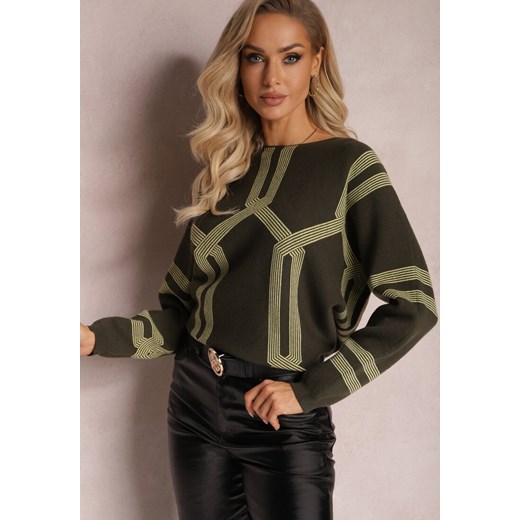 Zielony Sweter z Okrągłym Dekoltem i Wzorem w Paski Busso ze sklepu Renee odzież w kategorii Swetry damskie - zdjęcie 165207409