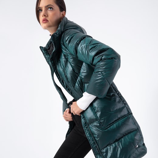 Damski płaszcz puchowy z nylonu z kapturem zielony ze sklepu WITTCHEN w kategorii Płaszcze damskie - zdjęcie 165231607
