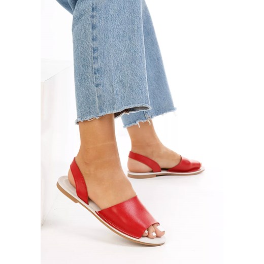 Sandały damskie Zapatos casual na lato czerwone na płaskiej podeszwie skórzane 