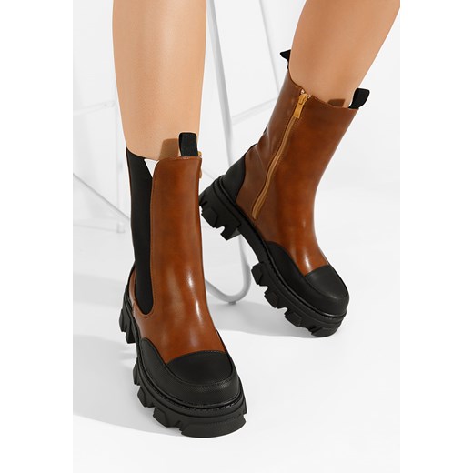 Camelowe botki damskie płaskie Xemara ze sklepu Zapatos w kategorii Botki - zdjęcie 165297705