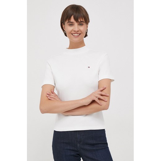 Tommy Hilfiger t-shirt bawełniany damski kolor biały z półgolfem WW0WW40586 ze sklepu ANSWEAR.com w kategorii Bluzki damskie - zdjęcie 165309358