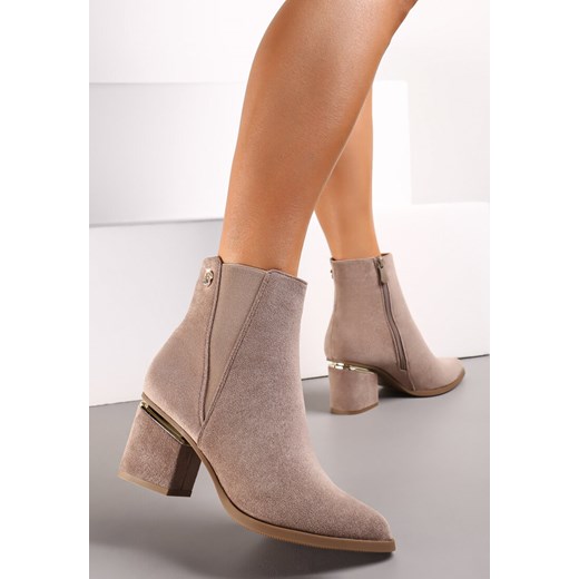 Beżowe Botki na Słupku z Metaliczną Ozdobą i Elastyczną Wstawką Kaizlie Renee 38 okazyjna cena renee.pl