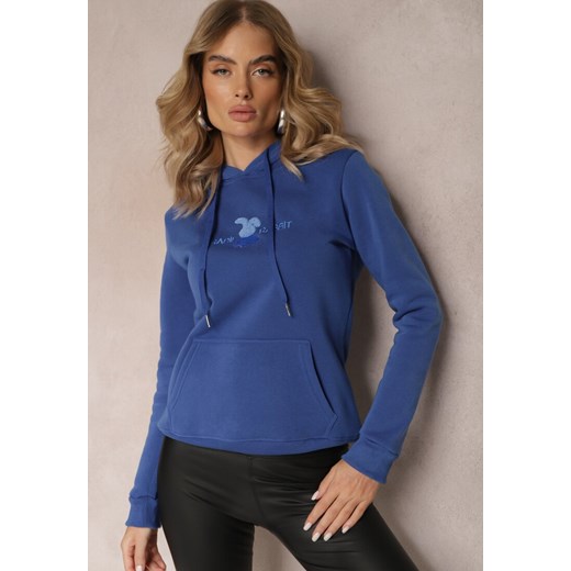 Niebieska Ocieplona Bluza z Kapturem Ozdobiona Naszywką i Napisem Eirellia ze sklepu Renee odzież w kategorii Bluzy damskie - zdjęcie 165334438