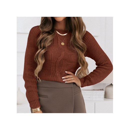 Sweter damski brązowy Pakuten z okrągłym dekoltem 