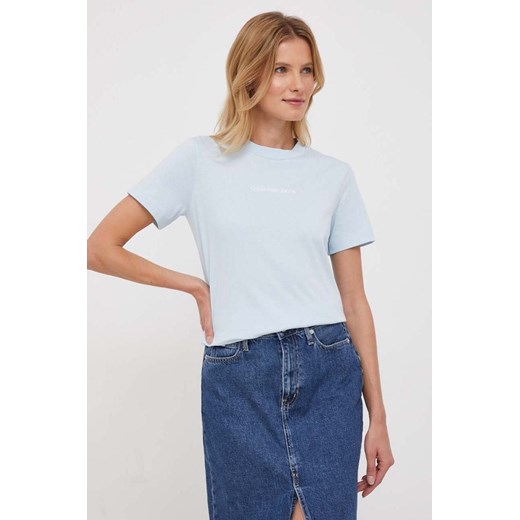 Bluzka damska Calvin Klein niebieska z krótkimi rękawami z okrągłym dekoltem 