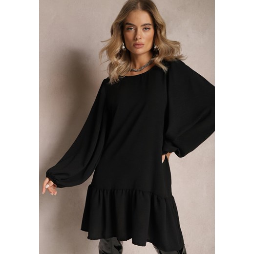 Czarna Sukienka Mini o Trapezowym Kroju z Falbankami i Bufiastymi Rękawami Cordole ze sklepu Renee odzież w kategorii Sukienki - zdjęcie 165356508
