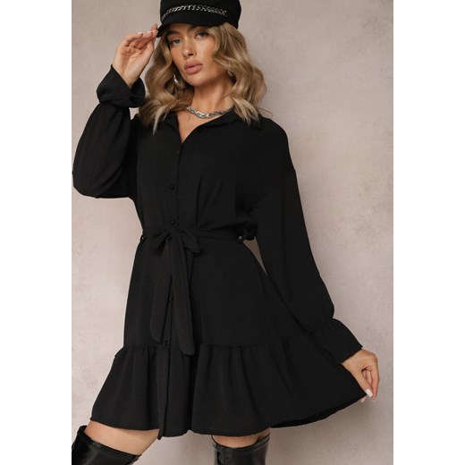Czarna Koszulowa Sukienka Mini z Falbanką i Wiązanym Paskiem Blisotta ze sklepu Renee odzież w kategorii Sukienki - zdjęcie 165356518