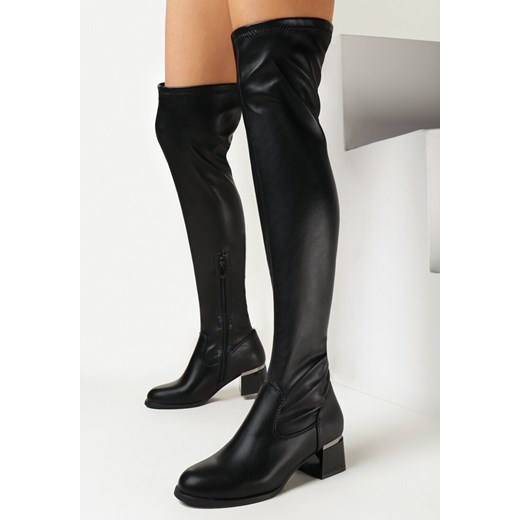 Czarne Kozaki za Kolano na Niskim Słupku Rinata ze sklepu born2be.pl w kategorii Kozaki damskie - zdjęcie 165387966