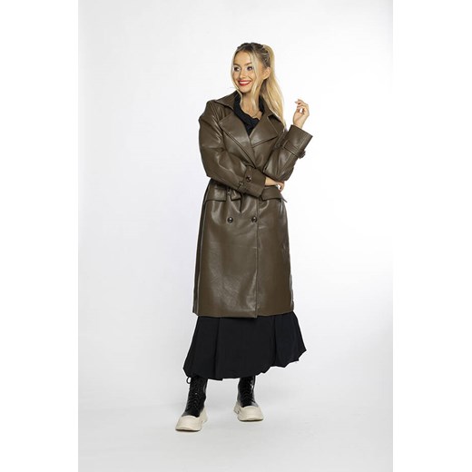 Dwurzędowy klasyczny płaszcz damski ze skóry ekologicznej Ann Gissy camel (AG6-30) ze sklepu goodlookin.pl w kategorii Płaszcze damskie - zdjęcie 165393988