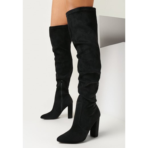 Czarne Kozaki za Kolano na Słupku z Noskiem w Szpic Glamer ze sklepu born2be.pl w kategorii Kozaki damskie - zdjęcie 165426415