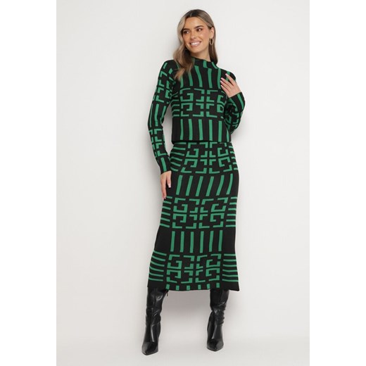 Czarno-Zielony 2-częściowy Komplet ze Swetrem i Spódnicą Enomessa ze sklepu Born2be Odzież w kategorii Komplety i garnitury damskie - zdjęcie 165427408