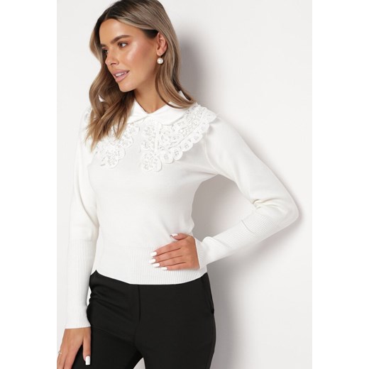 Biały Sweter z Ażurowym Kołnierzem Ravanto ze sklepu Born2be Odzież w kategorii Swetry damskie - zdjęcie 165427579