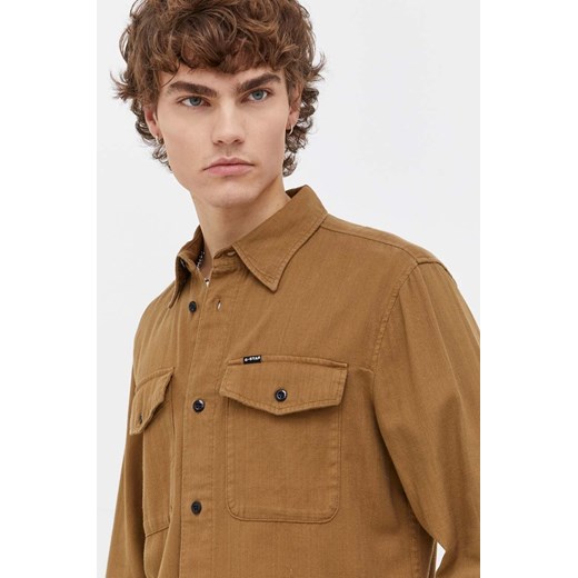 G-Star Raw koszula bawełniana męska kolor brązowy slim z kołnierzykiem klasycznym ze sklepu ANSWEAR.com w kategorii Koszule męskie - zdjęcie 165566397