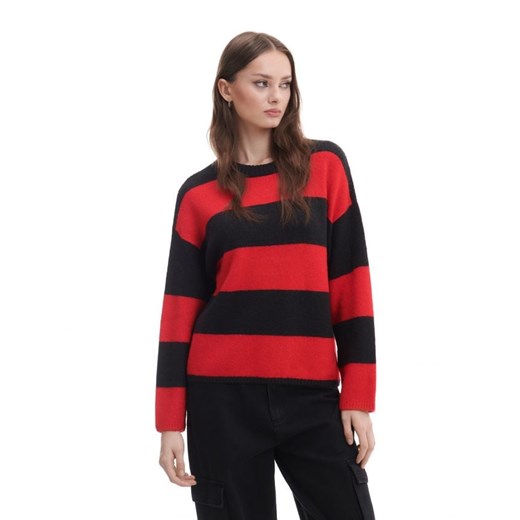 Cropp - Czarno-czerwony sweter w paski - czerwony Cropp S Cropp