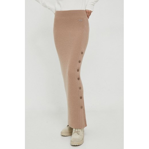 Calvin Klein spódnica wełniana kolor beżowy maxi ołówkowa ze sklepu ANSWEAR.com w kategorii Spódnice - zdjęcie 165602655