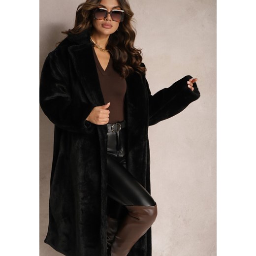 Czarny Długi Płaszcz Futrzany Nlorre ze sklepu Renee odzież w kategorii Płaszcze damskie - zdjęcie 165668129