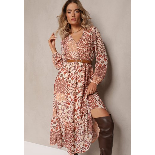 Beżowo-Różowa Sukienka Midi z Gumką w Talii i Falbanką Besslia ze sklepu Renee odzież w kategorii Sukienki - zdjęcie 165668269