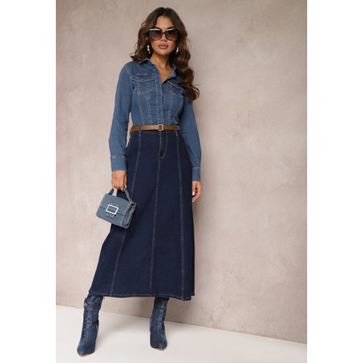 Granatowa Jeansowa Spódnica Maxi z Regularną Talią i Przeszyciami Bellezza ze sklepu Renee odzież w kategorii Spódnice - zdjęcie 165668409