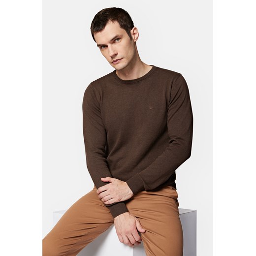 Sweter Brązowy z Bawełną Gładki Tony ze sklepu Lancerto S.A. w kategorii Swetry męskie - zdjęcie 165685787