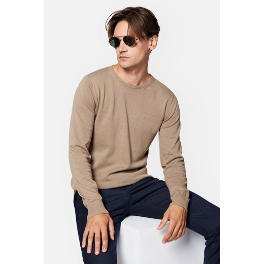 Sweter Ciemnobeżowy z Bawełną Gładki Tony ze sklepu Lancerto S.A. w kategorii Swetry męskie - zdjęcie 165685788