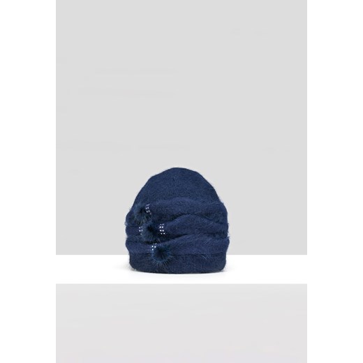 Granatowa dzianinowa czapka z naturalnym włosiem ze sklepu Molton w kategorii Czapki zimowe damskie - zdjęcie 165687095