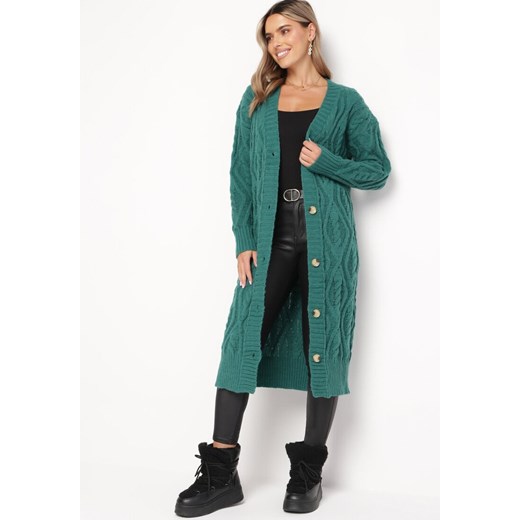 Zielony Długi Kardigan na Guziki z Ozdobnym Splotem Corellia ze sklepu Born2be Odzież w kategorii Swetry damskie - zdjęcie 165704598
