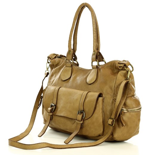 Pojemna torba damska na ramię z kieszeniami skóra naturalna - MARCO MAZZINI beż ze sklepu Verostilo w kategorii Torby Shopper bag - zdjęcie 165743508